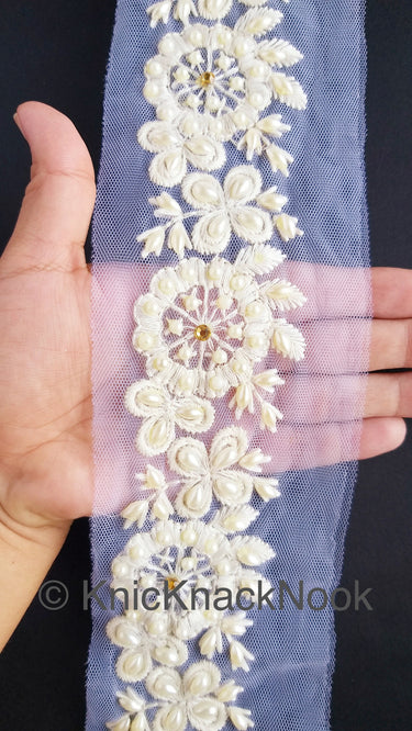 White Pearl And Rhinestones Beads Net Lace Trim, Floral Trim, One Yard